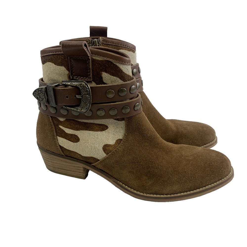 Shyanne Raelynn Western Ankle Booties Suede Cow‎ Print Brown Zip Womens Size 6.5